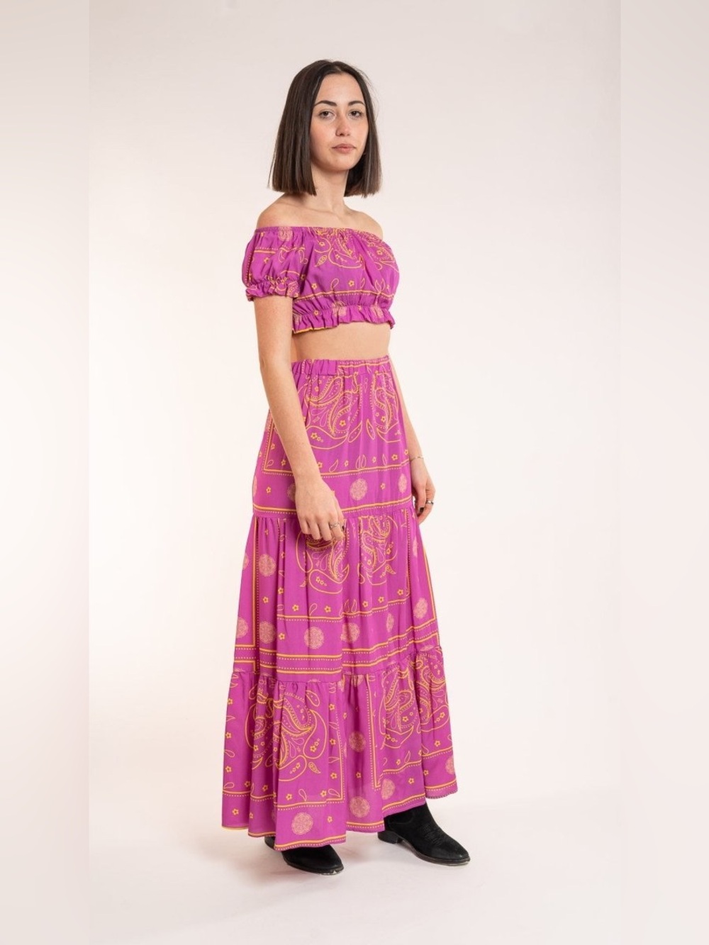 New! Benevierre Boho Fuchsia + Yellow Paisley Tiered Maxi Skirt  + Top 💕 XS Set - Picture 5 of 16